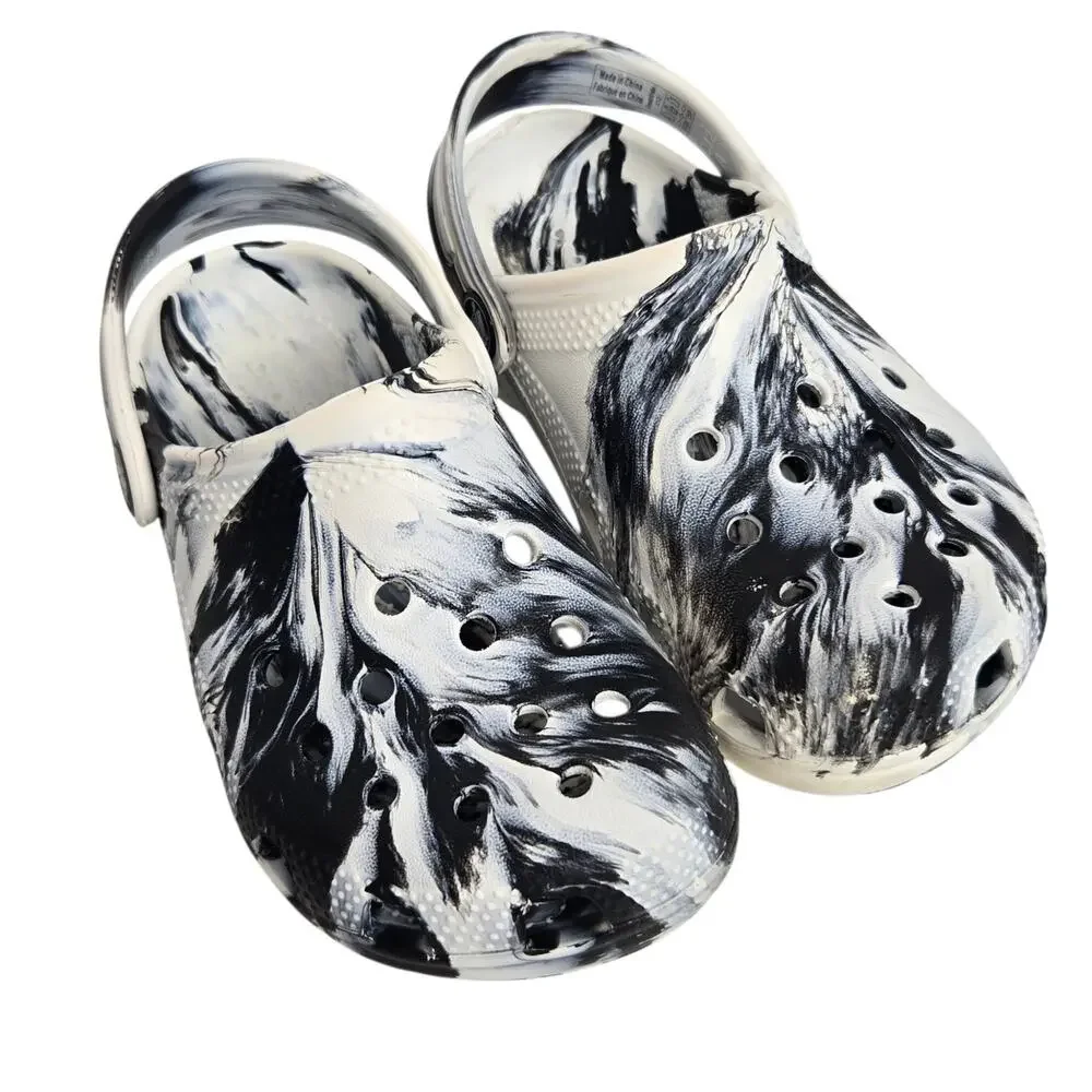 Crocs Youth Classic Clogs Marbled Black White Kids Size 12 Casual Comfortable